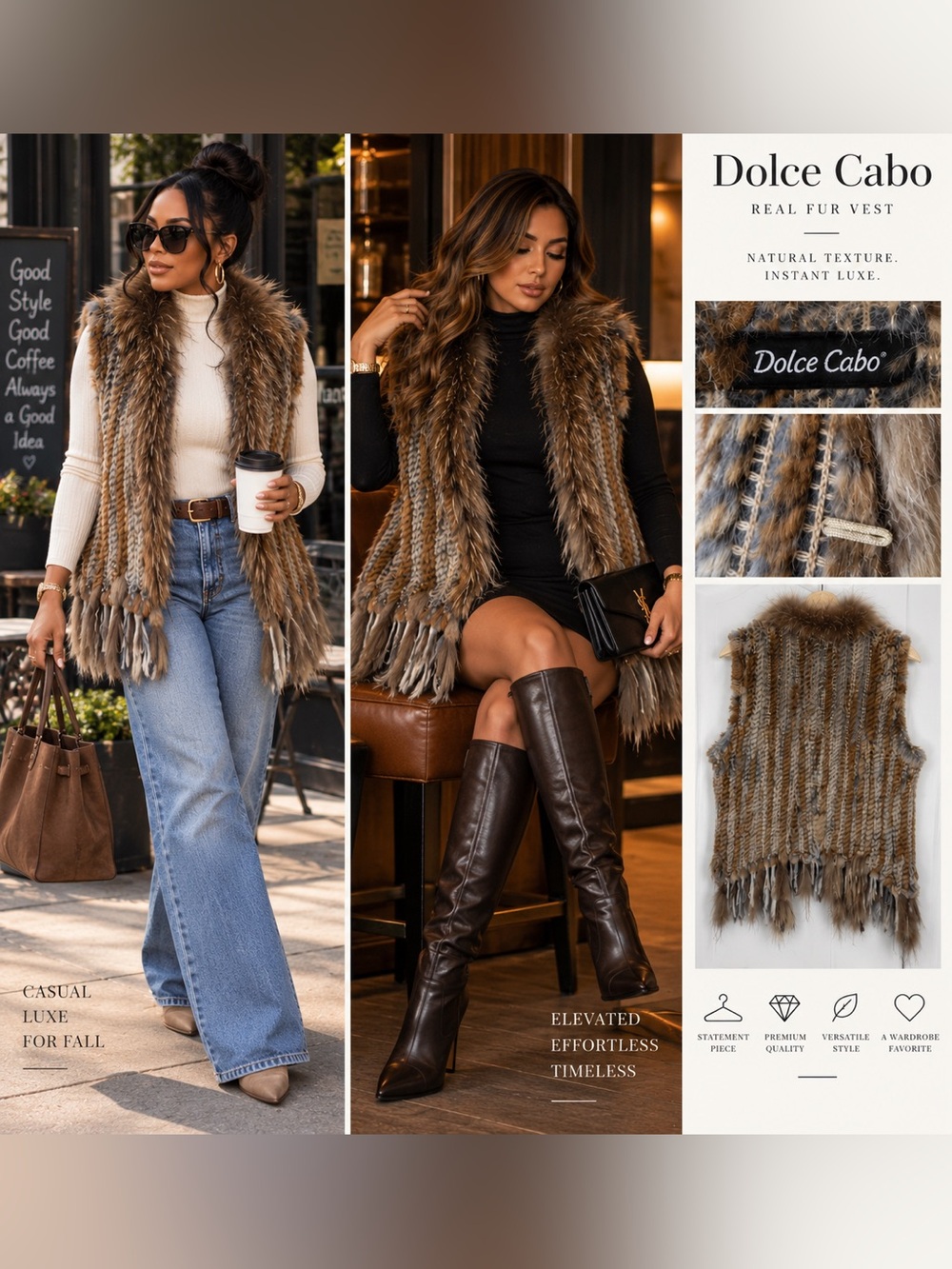 Dolce Cabo Genuine Rabbit & Raccoon Fur Vest – Size M 🤎✨